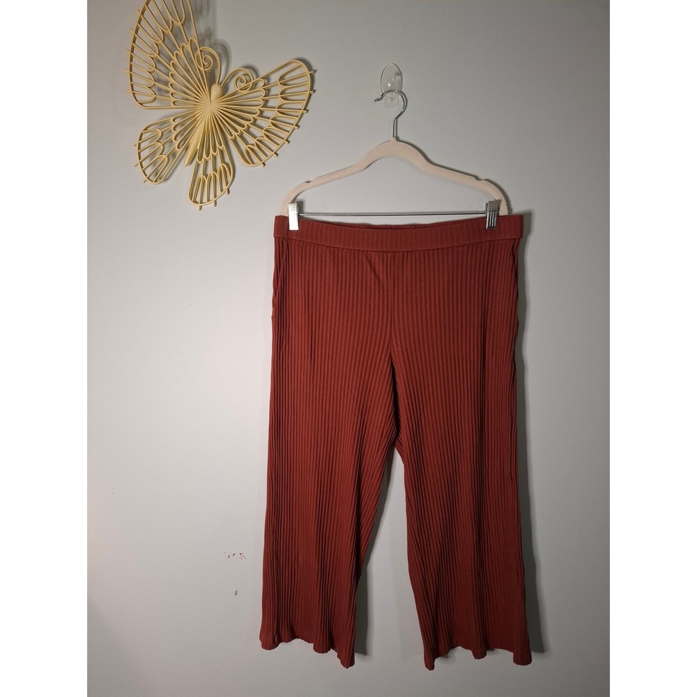 Eileen Fisher Rust Ribbed Knit Wide Leg Cropped Pants Large Terracotta Pull On